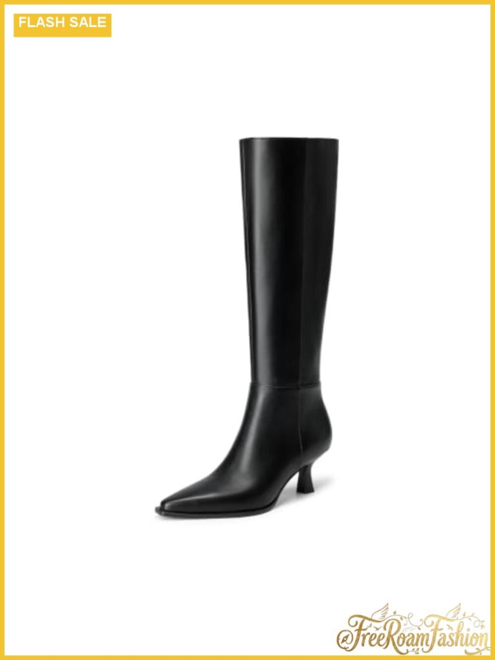 Women's Kitten Heel Knee High Boots Pointed Toe Faux Leather Zip Up